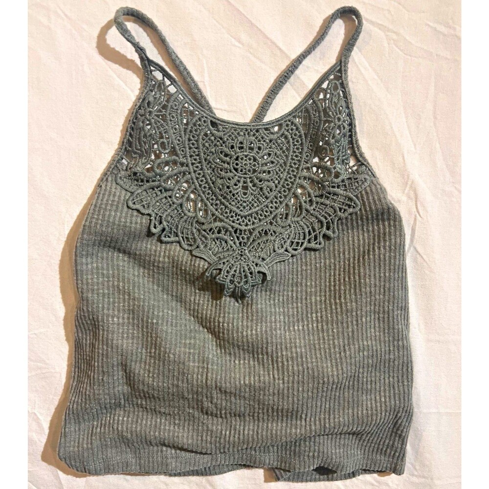 Mudd Ribbed Crochet Lace Tank Top, Adjustable Straps, Green L